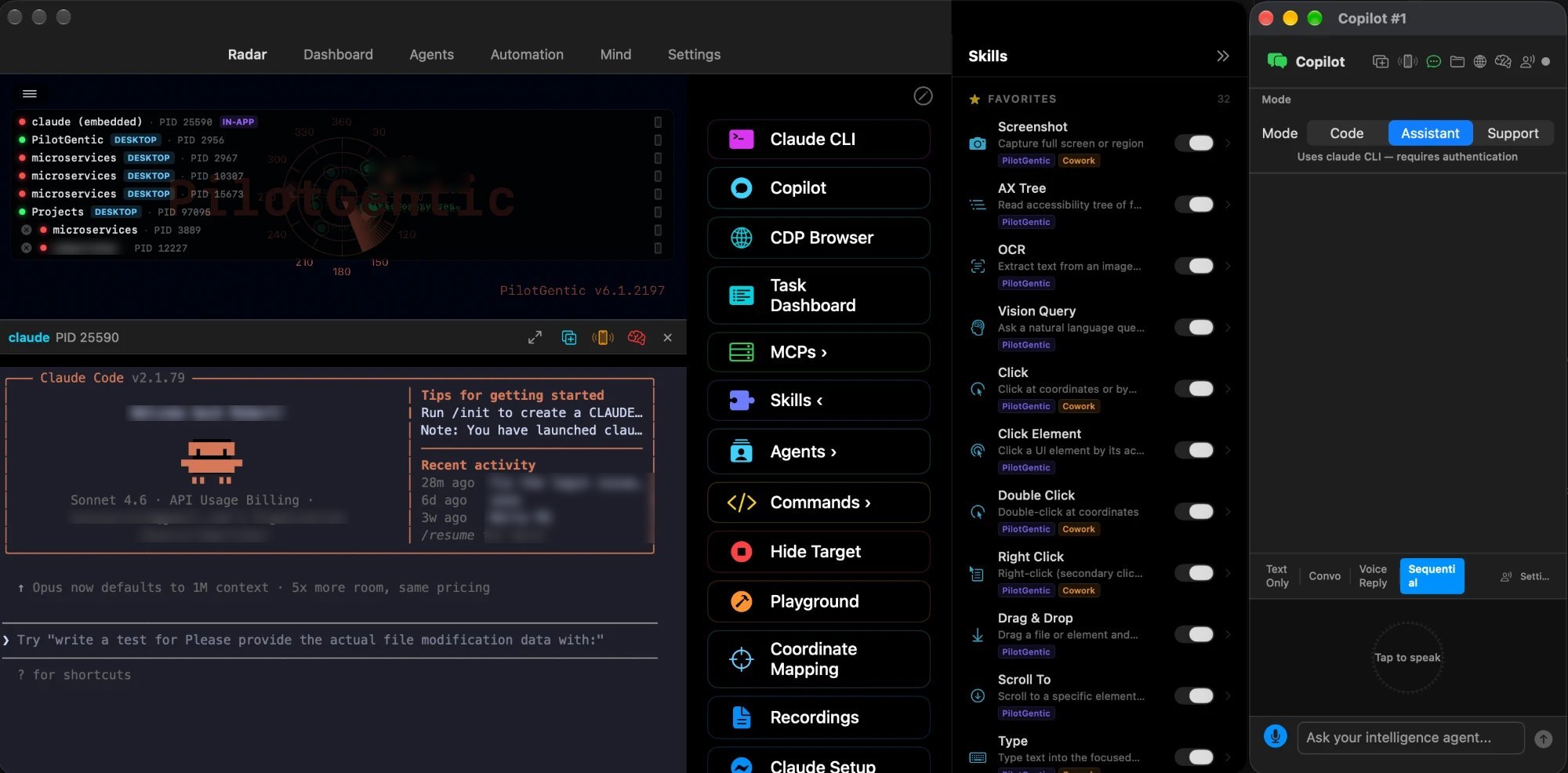 PilotGentic desktop app: radar of running agents, an embedded Claude Code session, a skills catalogue with per-tool toggles, and a copilot pane