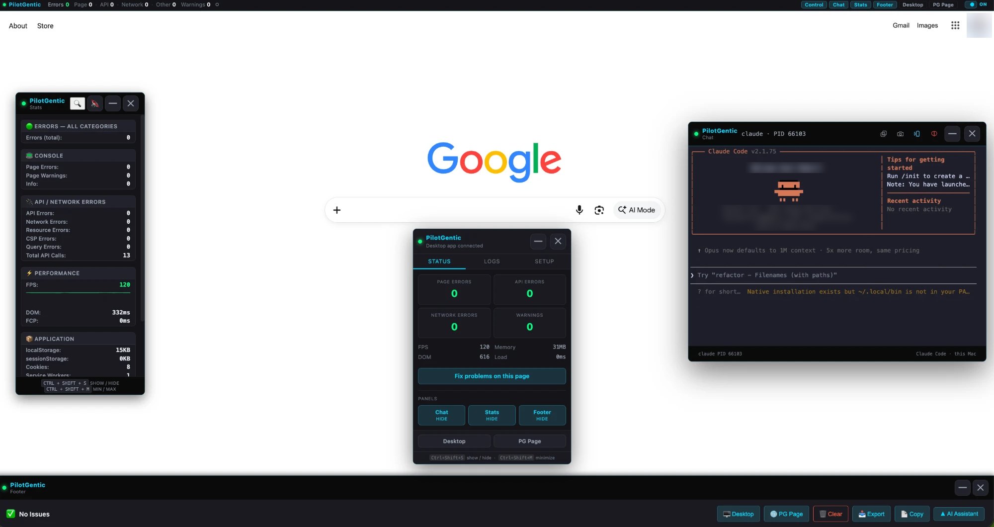 The PilotGentic Chrome extension overlaid on a web page: a stats panel with errors, console, network and performance, a status panel with a fix-this-page action, an embedded Claude Code chat, and a footer showing no issues