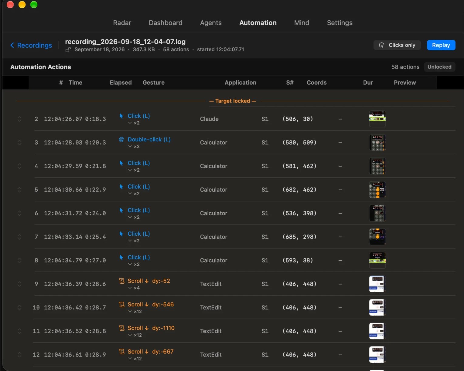 Automation tab showing a recorded run: 58 actions, each with time, gesture, target app, coordinates and a screenshot thumbnail, with a Replay button