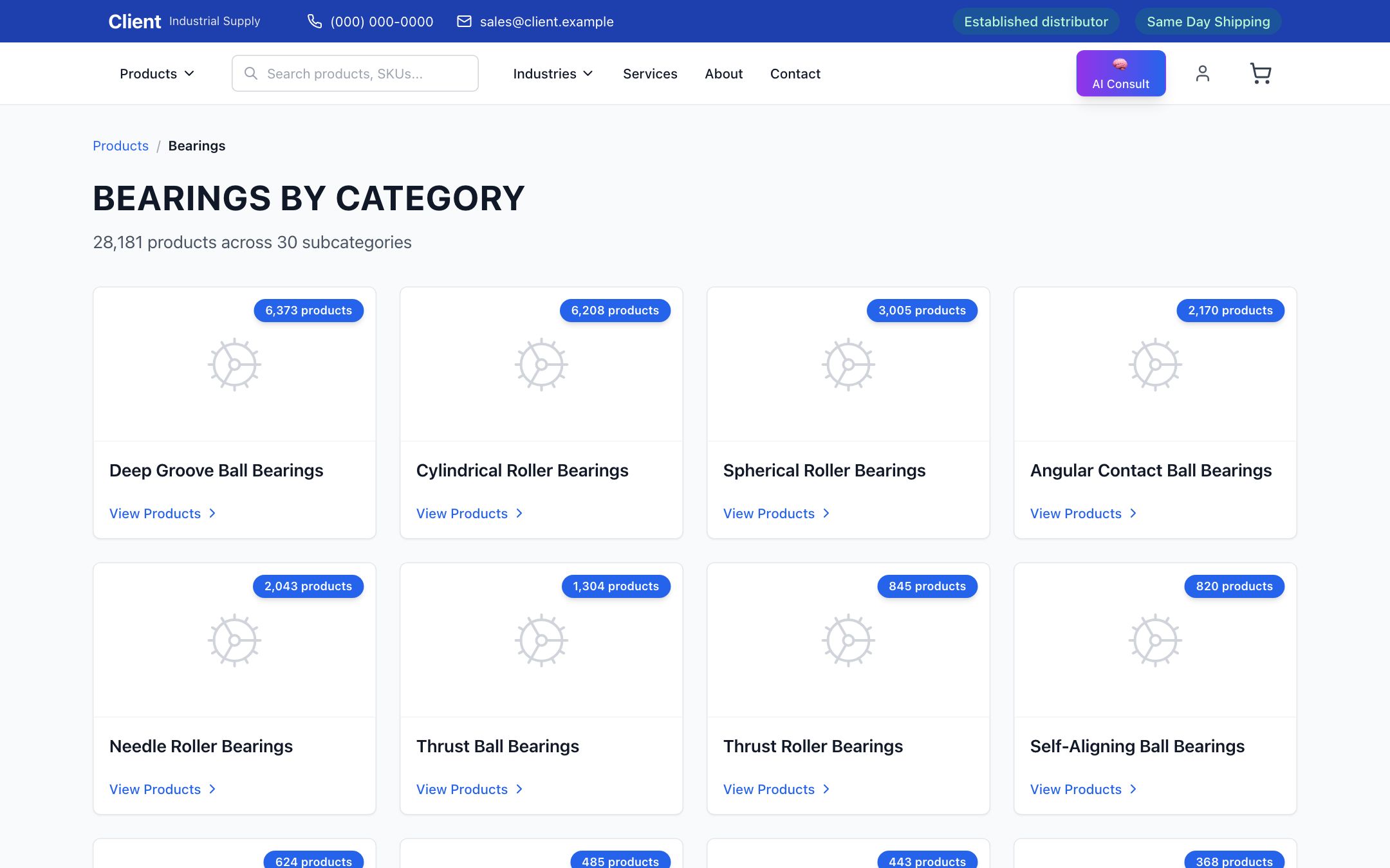 Category page listing bearing subcategories with product counts