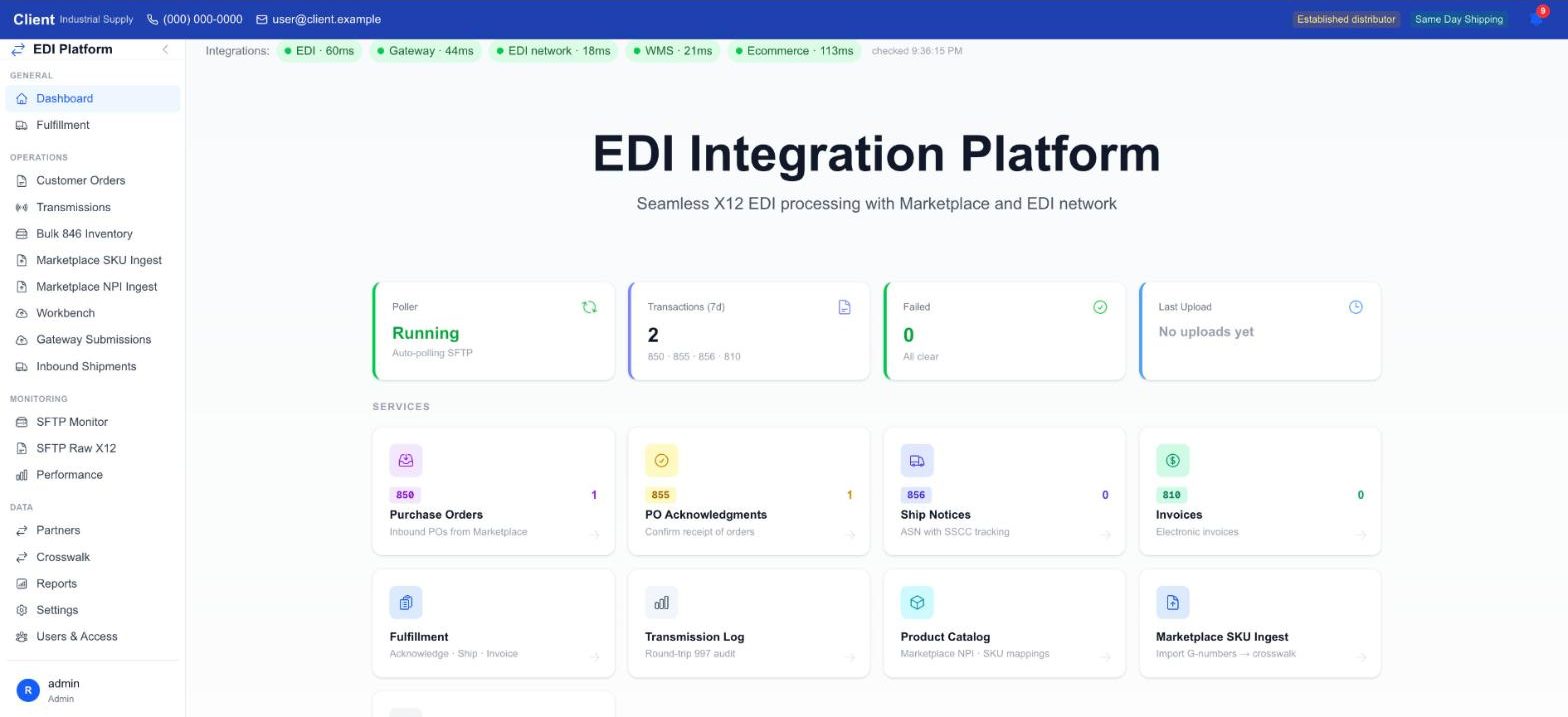 Marketplace EDI hub screen, identifiers masked