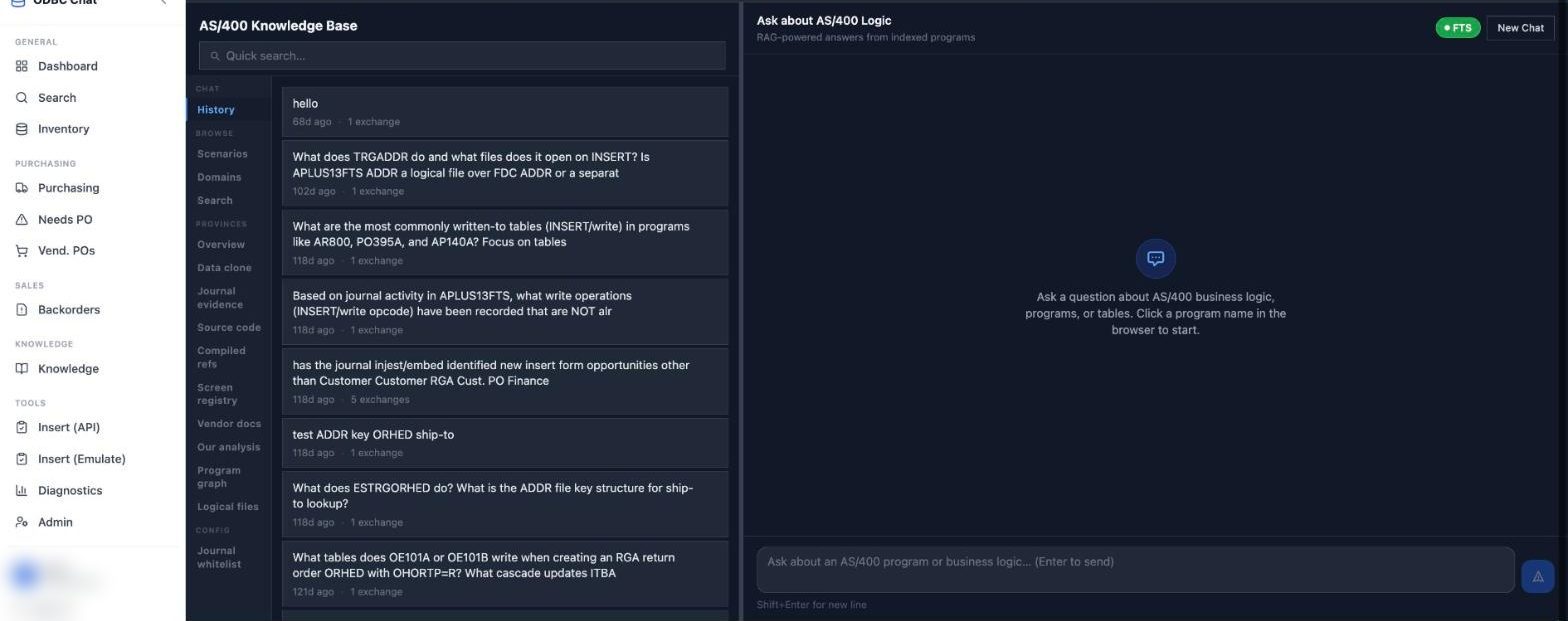 AS/400 data gateway and knowledge base screen, identifiers masked