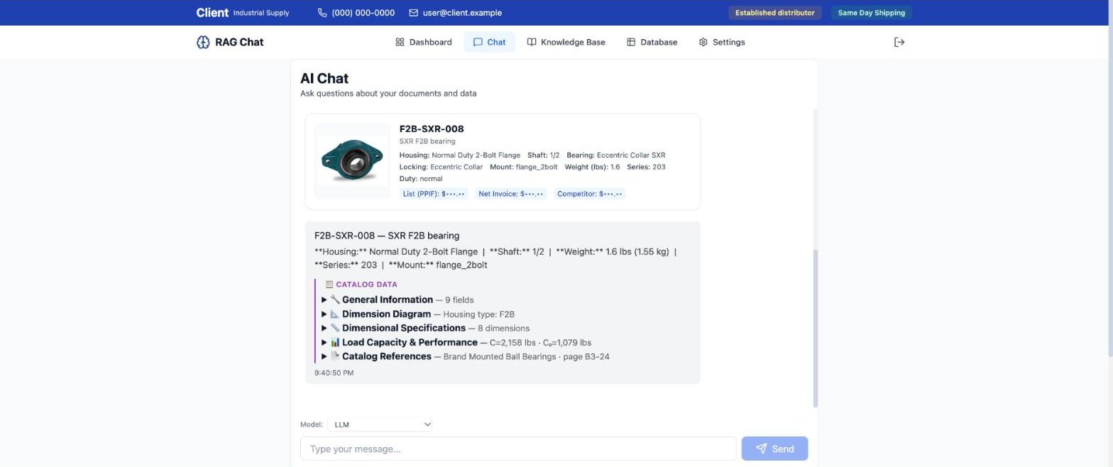 Retrieval-augmented product assistant answering a part-number lookup, prices masked